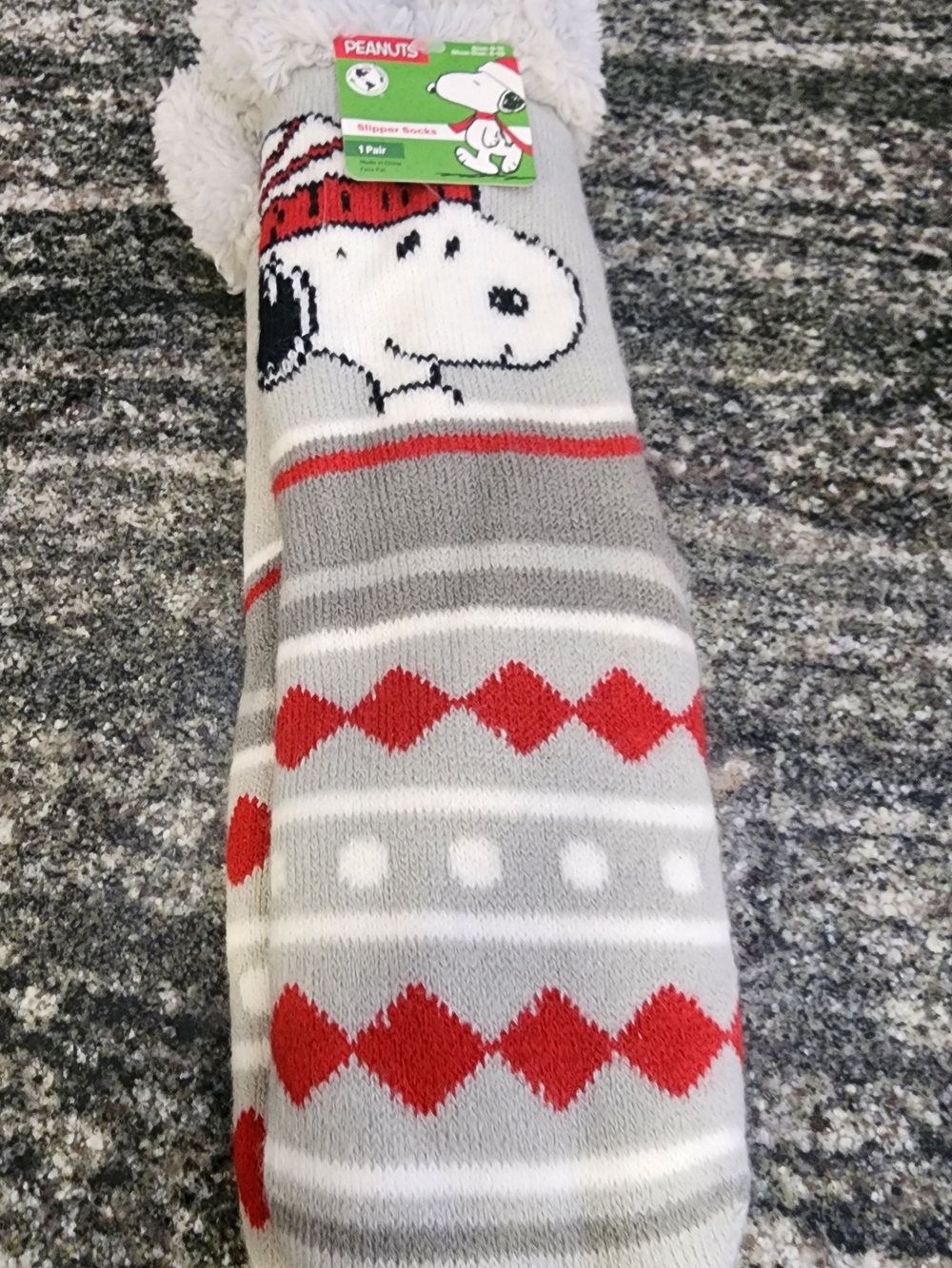 Peanuts Snoopy Fuzzy Slipper Socks - Gray, White & Red- Shoe Size 4-10 - Picture 3 of 3